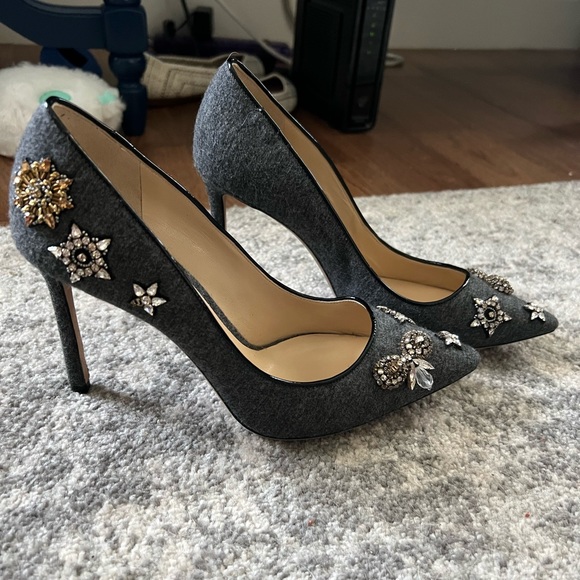 Jimmy Choo Shoes - Authentic Jimmy Choo Gray Flannel Rhinestone Pumps - Size 37.5